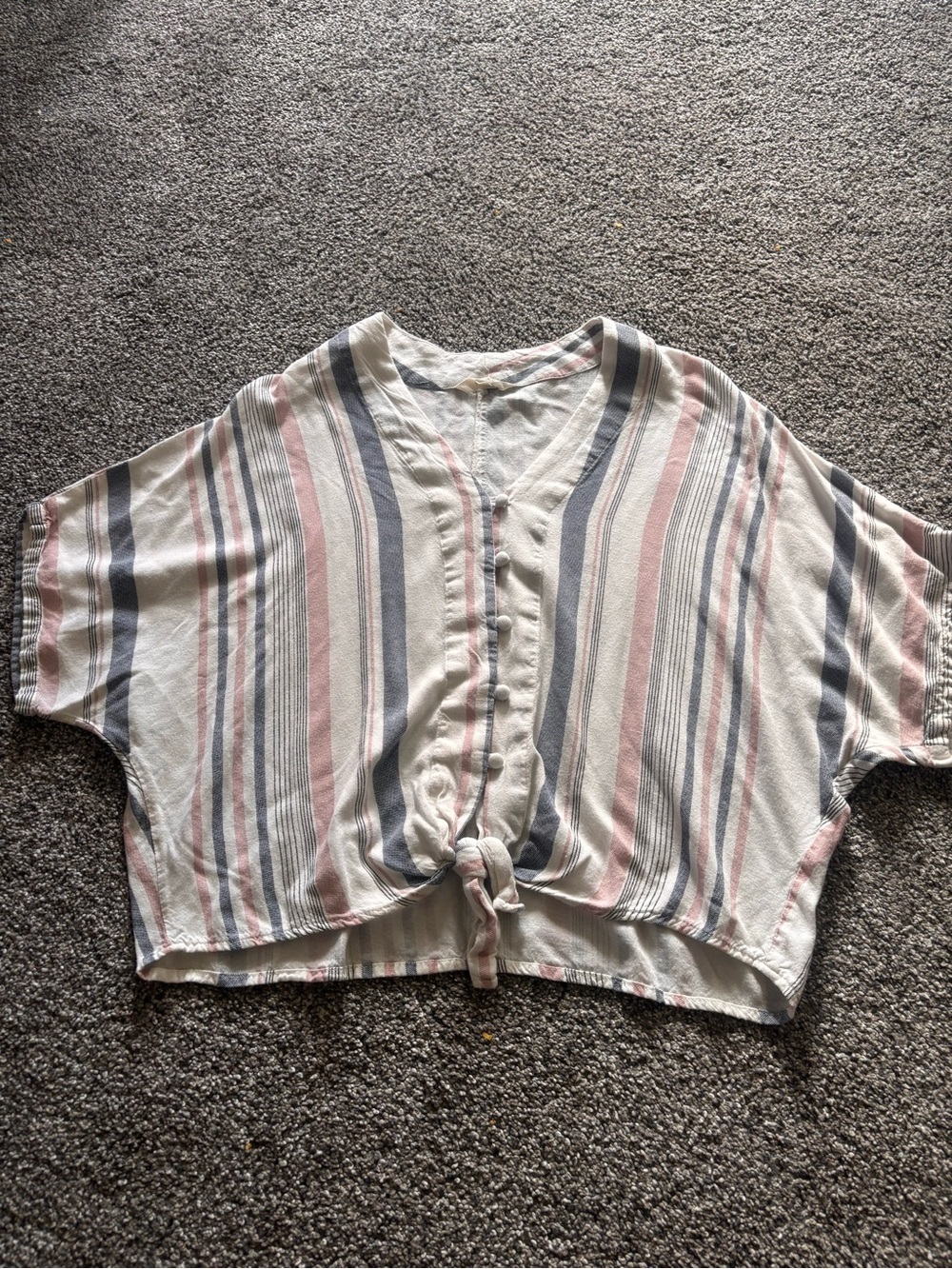 Beachy Striped V-Neck Tie-Hem Top by SIM & SAM in Cream, Pink & Blue